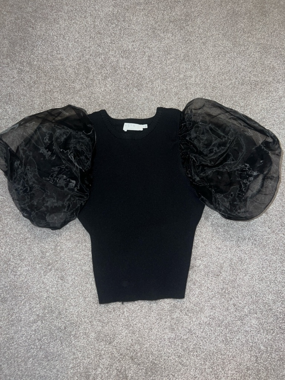 Black Puff-Sleeve Knit Top with Organza Sleeves